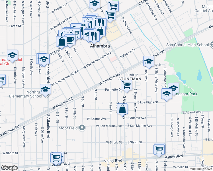 map of restaurants, bars, coffee shops, grocery stores, and more near 225 Palmetto Drive in Alhambra