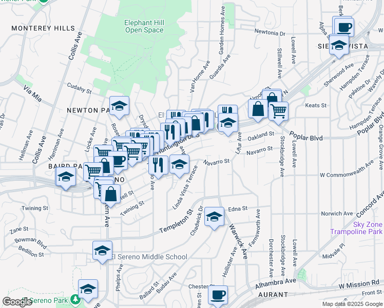 map of restaurants, bars, coffee shops, grocery stores, and more near 5112 Oakland Street in Los Angeles
