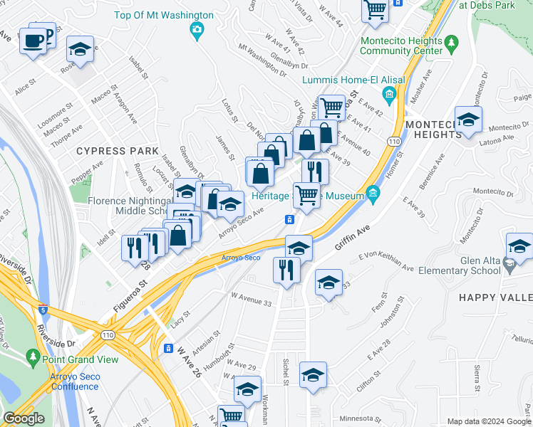 map of restaurants, bars, coffee shops, grocery stores, and more near 3466 Arroyo Seco Avenue in Los Angeles
