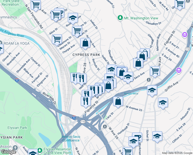 map of restaurants, bars, coffee shops, grocery stores, and more near 2930 Jeffries Avenue in Los Angeles