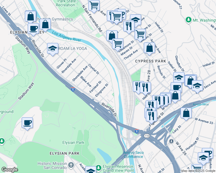 map of restaurants, bars, coffee shops, grocery stores, and more near 2338 Elmgrove Street in Los Angeles