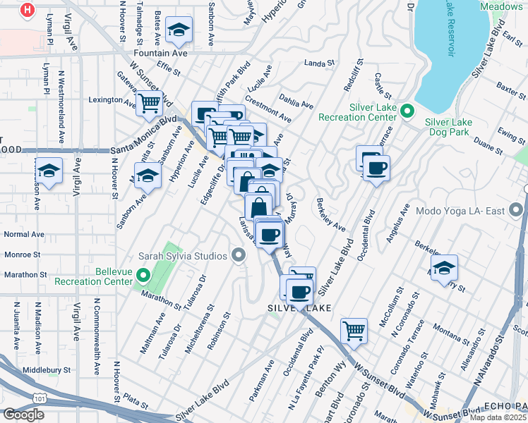 map of restaurants, bars, coffee shops, grocery stores, and more near 3330 Hamilton Way in Los Angeles