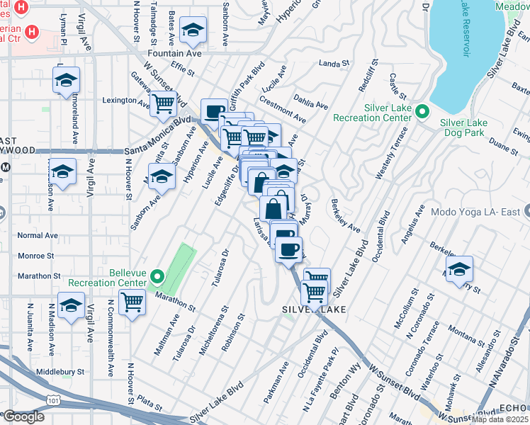 map of restaurants, bars, coffee shops, grocery stores, and more near in Los Angeles
