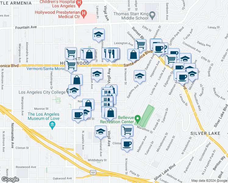 map of restaurants, bars, coffee shops, grocery stores, and more near 4226 Burns Avenue in Los Angeles