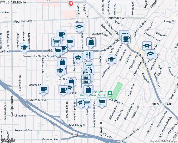 map of restaurants, bars, coffee shops, grocery stores, and more near 4310 Burns Avenue in Los Angeles