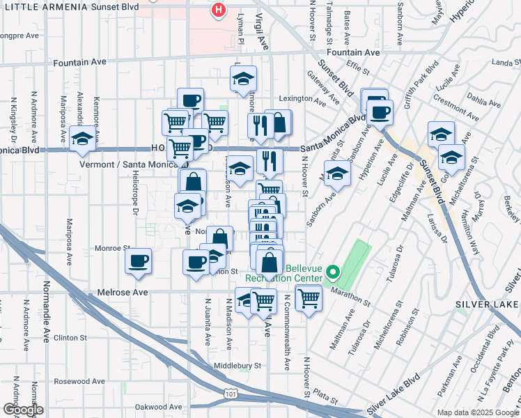map of restaurants, bars, coffee shops, grocery stores, and more near 4310 Burns Avenue in Los Angeles