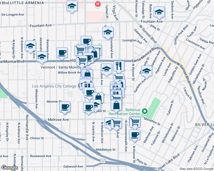 map of restaurants, bars, coffee shops, grocery stores, and more near 4346 Burns Avenue in Los Angeles