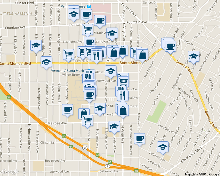 map of restaurants, bars, coffee shops, grocery stores, and more near 4346 Burns Avenue in Los Angeles