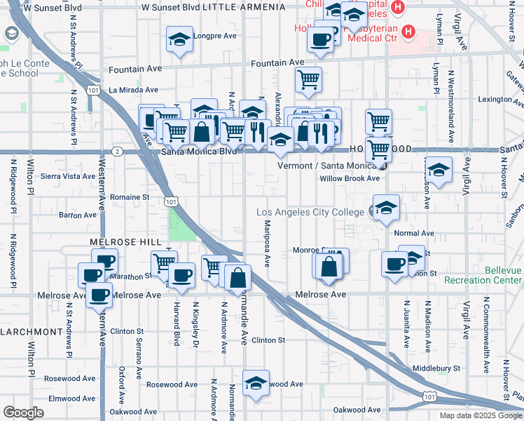 map of restaurants, bars, coffee shops, grocery stores, and more near 936 North Mariposa Avenue in Los Angeles