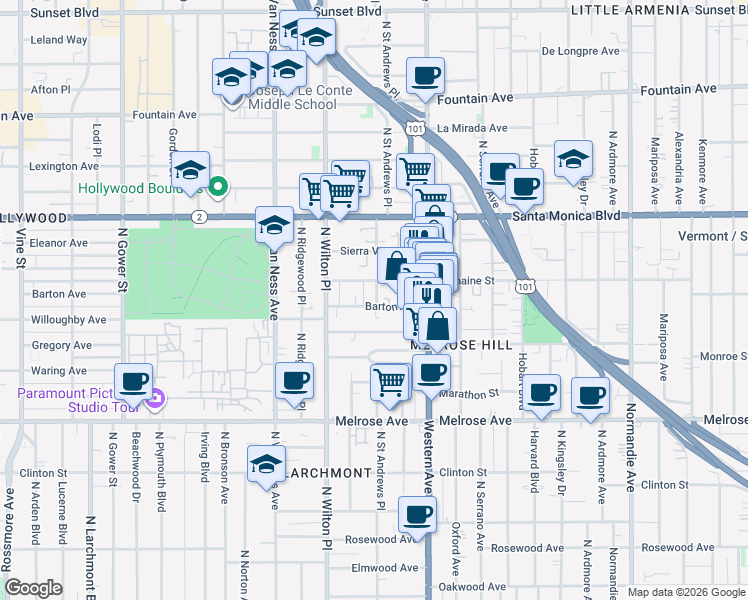map of restaurants, bars, coffee shops, grocery stores, and more near 5446 Barton Avenue in Los Angeles