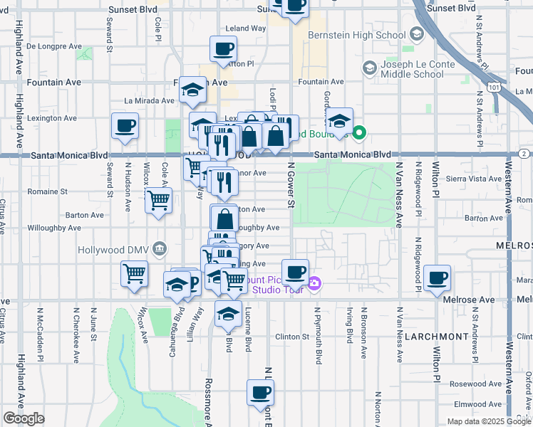 map of restaurants, bars, coffee shops, grocery stores, and more near 910 North El Centro Avenue in Los Angeles