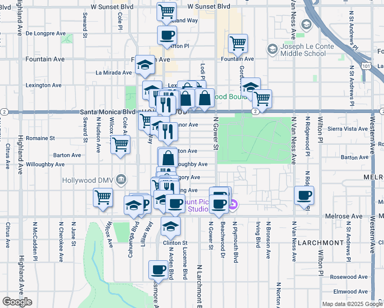 map of restaurants, bars, coffee shops, grocery stores, and more near 910 North El Centro Avenue in Los Angeles