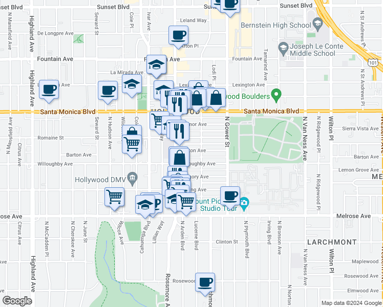 map of restaurants, bars, coffee shops, grocery stores, and more near 5941 Willoughby Avenue in Los Angeles