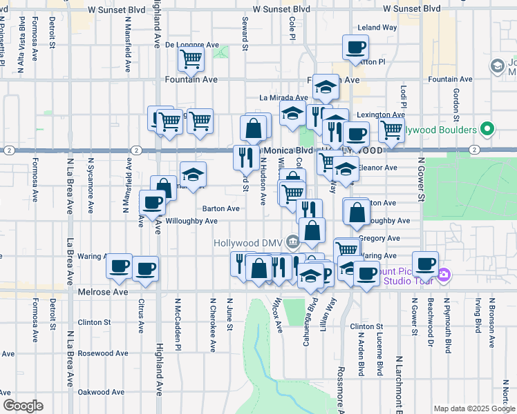 map of restaurants, bars, coffee shops, grocery stores, and more near 912 North Hudson Avenue in Los Angeles