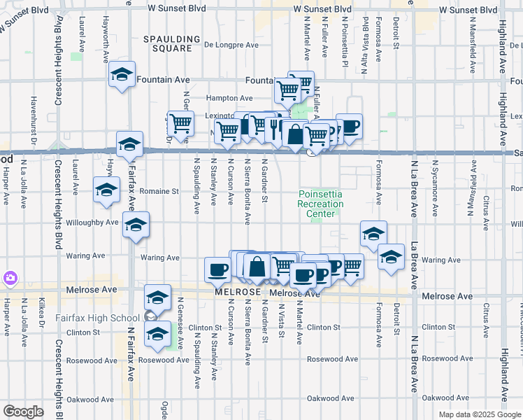 map of restaurants, bars, coffee shops, grocery stores, and more near 904 North Gardner Street in West Hollywood