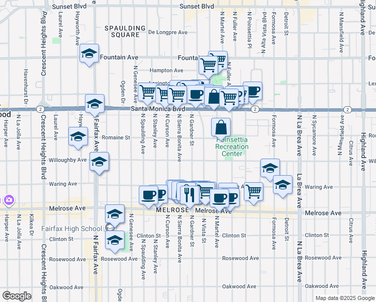 map of restaurants, bars, coffee shops, grocery stores, and more near 904 North Gardner Street in West Hollywood