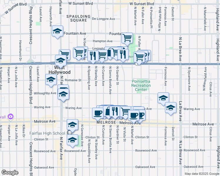 map of restaurants, bars, coffee shops, grocery stores, and more near 909 North Sierra Bonita Avenue in West Hollywood