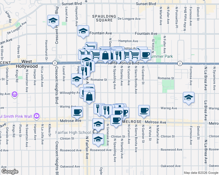 map of restaurants, bars, coffee shops, grocery stores, and more near 907 North Spaulding Avenue in West Hollywood