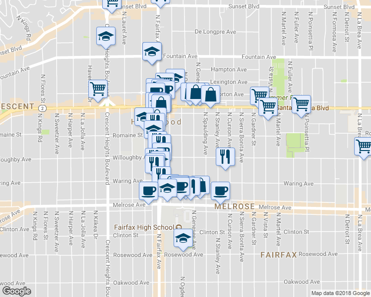 map of restaurants, bars, coffee shops, grocery stores, and more near 910 North Ogden Drive in West Hollywood