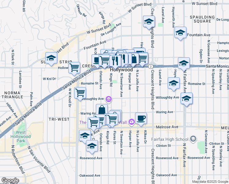 map of restaurants, bars, coffee shops, grocery stores, and more near 912 North Kings Road in West Hollywood