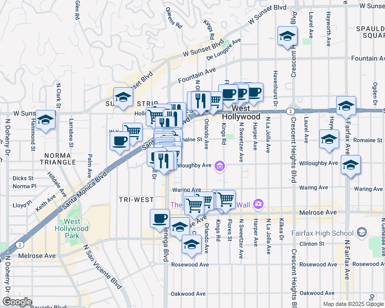 map of restaurants, bars, coffee shops, grocery stores, and more near 912 North Croft Avenue in Los Angeles