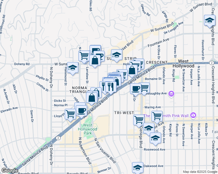 map of restaurants, bars, coffee shops, grocery stores, and more near 924 Hancock Avenue in West Hollywood