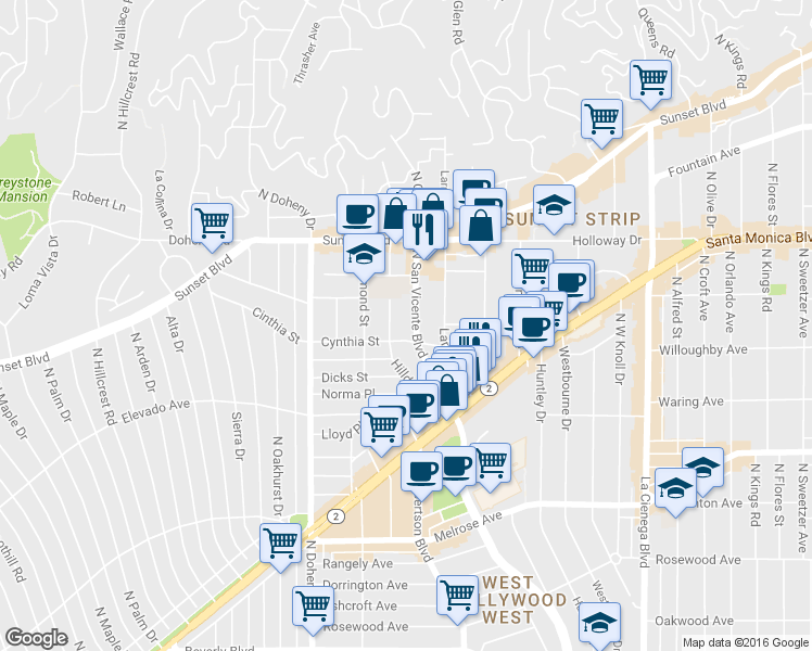 map of restaurants, bars, coffee shops, grocery stores, and more near in West Hollywood