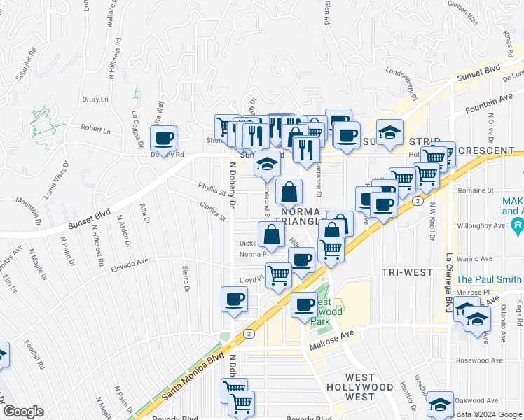 map of restaurants, bars, coffee shops, grocery stores, and more near 8965 Cynthia Street in West Hollywood