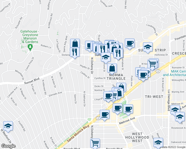 map of restaurants, bars, coffee shops, grocery stores, and more near 906 North Doheny Drive in West Hollywood