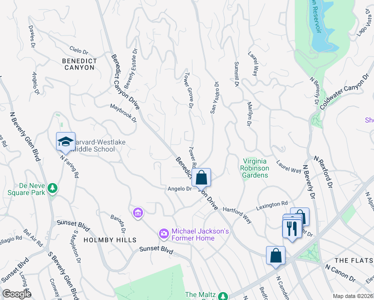 map of restaurants, bars, coffee shops, grocery stores, and more near 1140 Benedict Canyon Drive in Beverly Hills