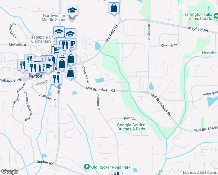 map of restaurants, bars, coffee shops, grocery stores, and more near 2015 Saint Michelle Lane in Alpharetta