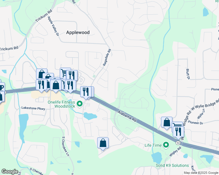 map of restaurants, bars, coffee shops, grocery stores, and more near 235 Cornerstone Drive in Woodstock