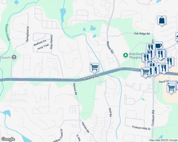 map of restaurants, bars, coffee shops, grocery stores, and more near 11511 Georgia 92 in Woodstock