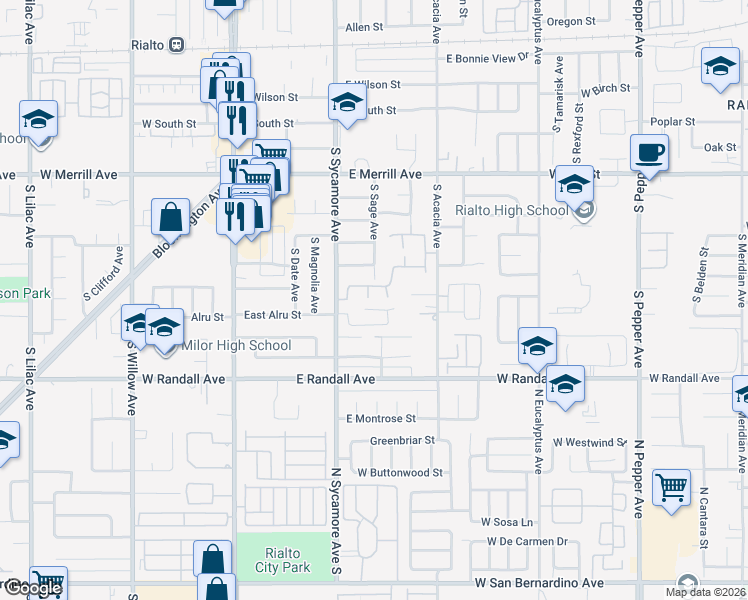 map of restaurants, bars, coffee shops, grocery stores, and more near 745 South Sage Avenue in Rialto