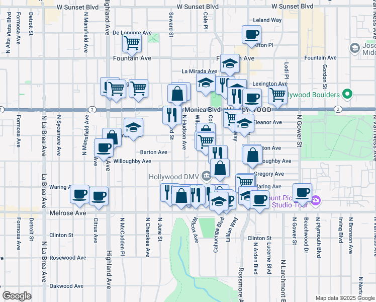 map of restaurants, bars, coffee shops, grocery stores, and more near 912 North Hudson Avenue in Los Angeles