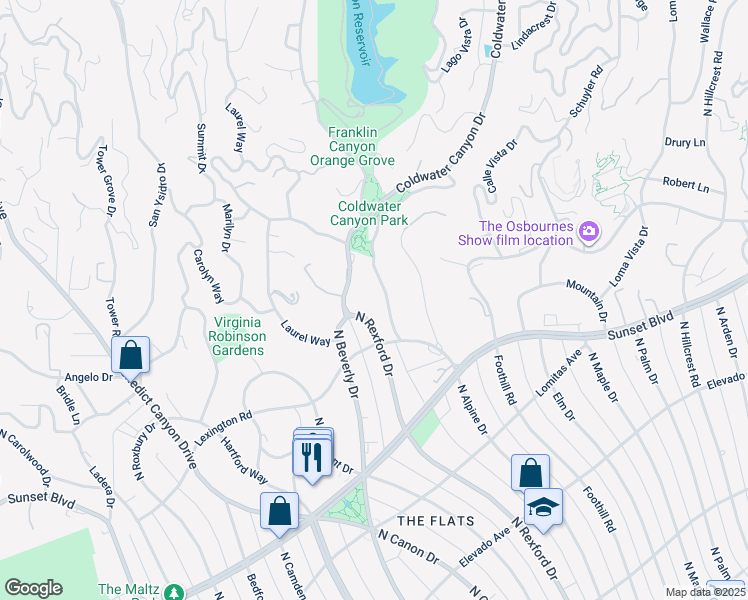 map of restaurants, bars, coffee shops, grocery stores, and more near 1010 North Rexford Drive in Beverly Hills