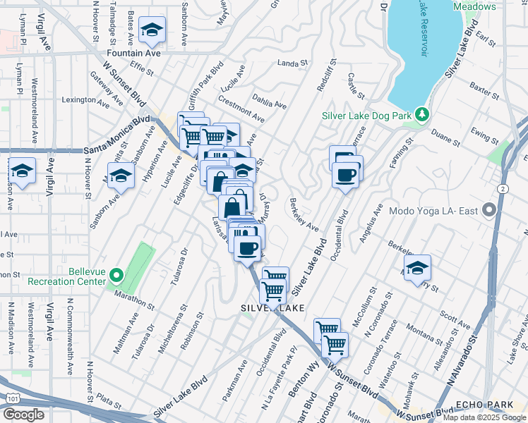 map of restaurants, bars, coffee shops, grocery stores, and more near 1445 Murray Drive in Los Angeles