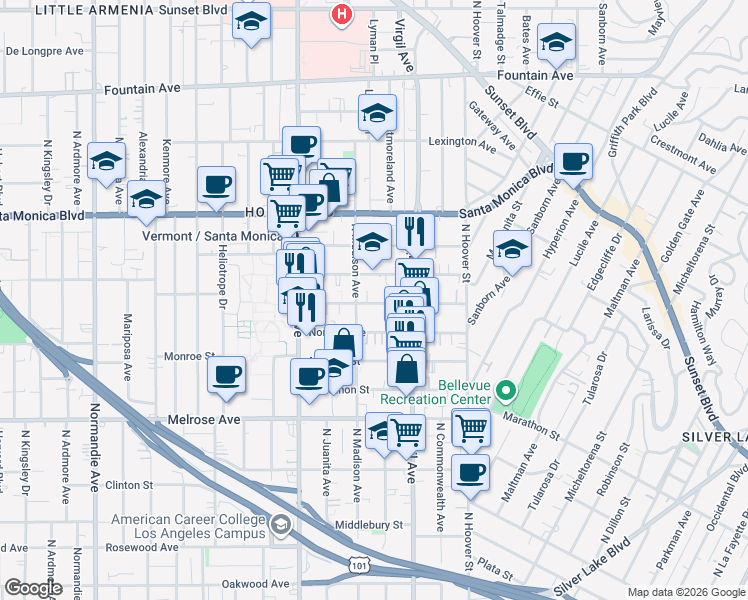 map of restaurants, bars, coffee shops, grocery stores, and more near 4345 Burns Avenue in Los Angeles