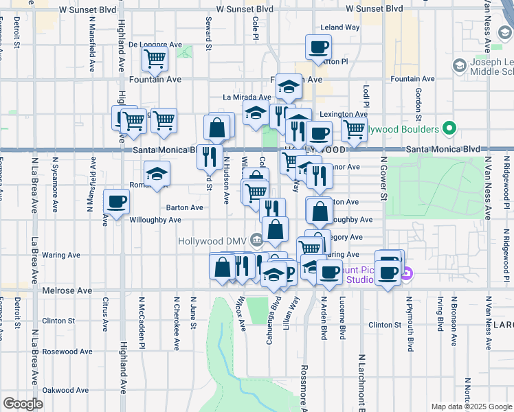map of restaurants, bars, coffee shops, grocery stores, and more near 912 Wilcox Avenue in Los Angeles