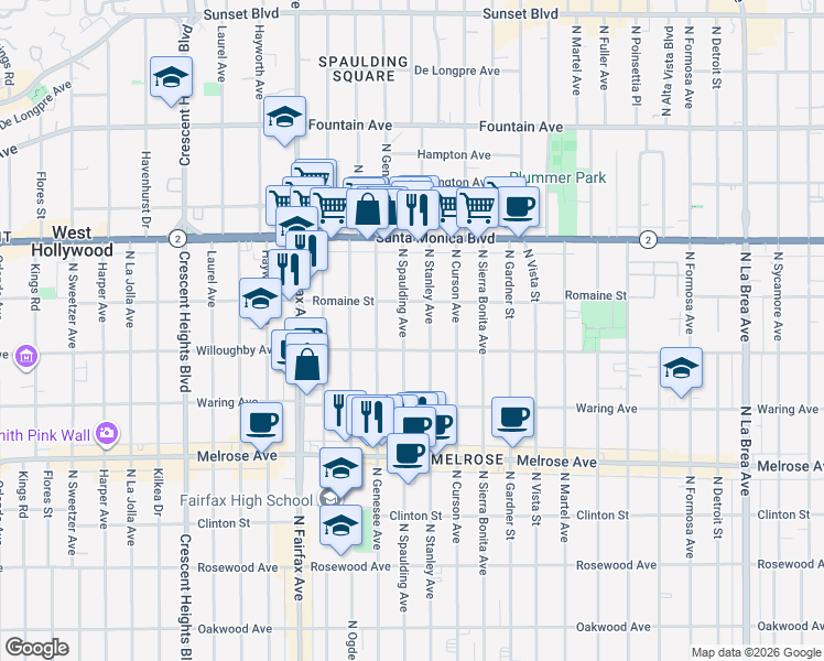 map of restaurants, bars, coffee shops, grocery stores, and more near 907 North Spaulding Avenue in West Hollywood