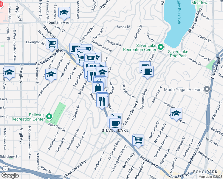 map of restaurants, bars, coffee shops, grocery stores, and more near 1445 Murray Drive in Los Angeles
