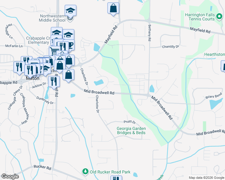 map of restaurants, bars, coffee shops, grocery stores, and more near 1020 Mid Broadwell Road in Alpharetta