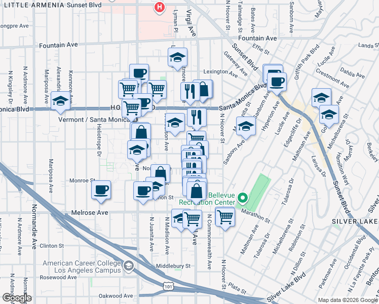 map of restaurants, bars, coffee shops, grocery stores, and more near 4309 Burns Avenue in Los Angeles