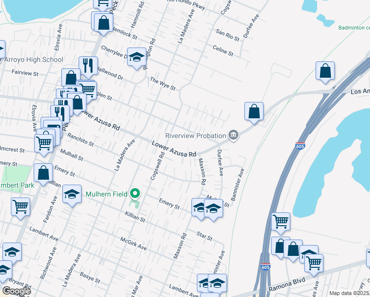 map of restaurants, bars, coffee shops, grocery stores, and more near 12049 Lower Azusa Road in El Monte