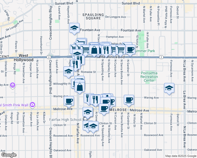 map of restaurants, bars, coffee shops, grocery stores, and more near 918 North Genesee Avenue in West Hollywood