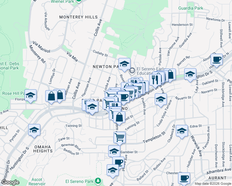map of restaurants, bars, coffee shops, grocery stores, and more near 3556 El Sereno Avenue in Los Angeles