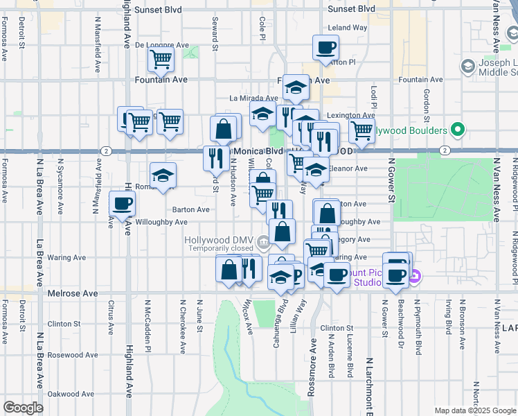 map of restaurants, bars, coffee shops, grocery stores, and more near 920 Wilcox Avenue in Los Angeles