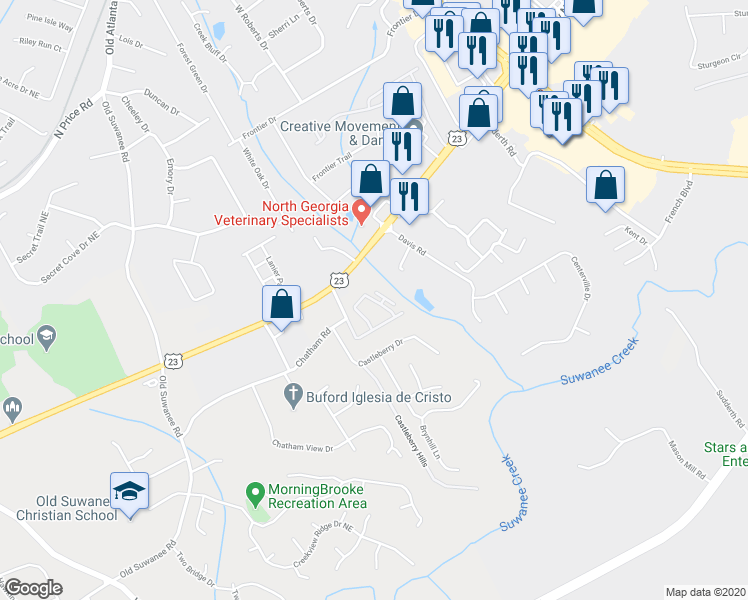 map of restaurants, bars, coffee shops, grocery stores, and more near Buford Valley Way in Buford