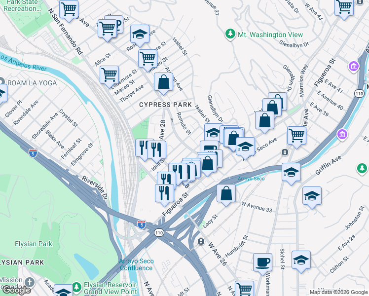 map of restaurants, bars, coffee shops, grocery stores, and more near 2930 Jeffries Avenue in Los Angeles