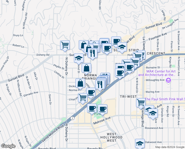 map of restaurants, bars, coffee shops, grocery stores, and more near 918 North San Vicente Boulevard in West Hollywood